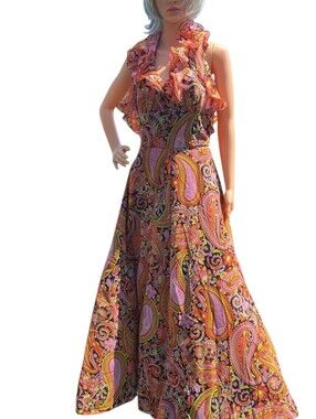 Jack Hartley Miami Maxi Dress Paisley Print Ruffle Neck Sleeveless S Vtg 70s
